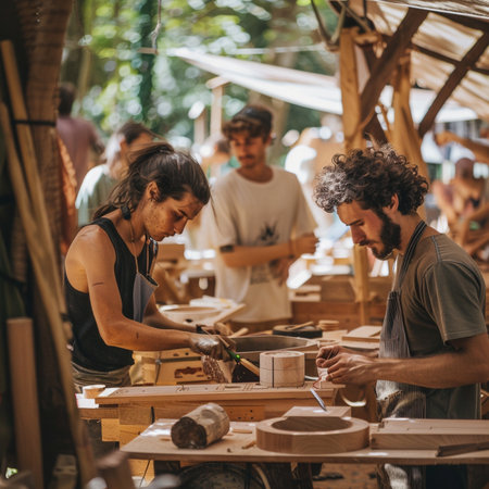 Carpenter working on wood craft in workshop. Man and woman working with wooden planks.の素材