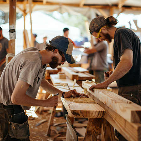 Carpenter working on wood craft at carpentry workshop. Carpenter at work.の素材