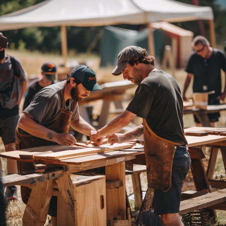 Group of craftswomen working on a wooden table at a carpentry workshop.の素材