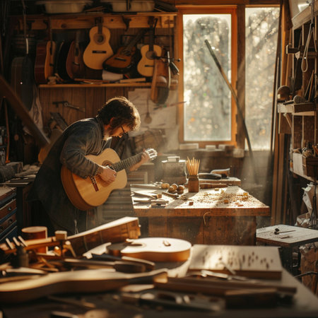 Man playing guitar in his workshop. Man working with musical instruments.の素材