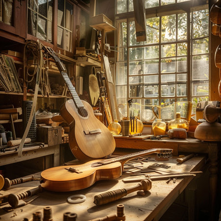 Wooden instruments in the workshop of a craftsman. Vintage styles.の素材