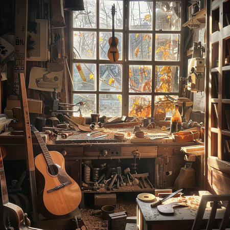 Wooden workbench with guitar and other tools in a workshop.の素材