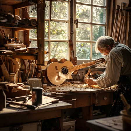 Senior craftsman working with a guitar in his workshop. Authentic lifestyle image.の素材