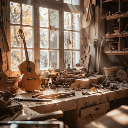 Guitar and other tools in the workshop of a carpenterの素材