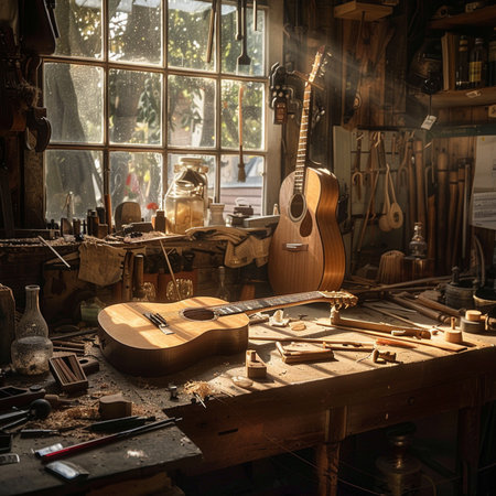 Guitar in a workshop of the artist in the light of the sunの素材