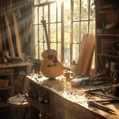 Guitar in the workshop of a carpenter. Vintage styles.の素材