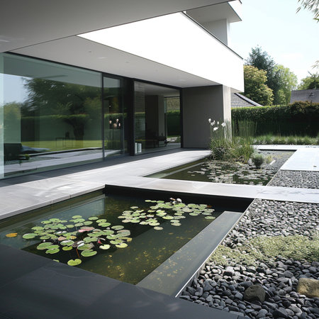 Exterior of a modern house with swimming pool and garden. Nobody insideの素材