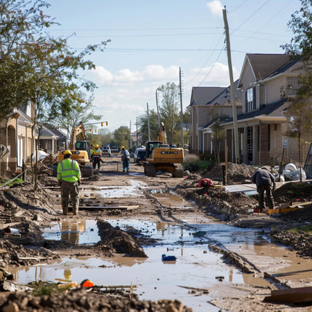 New York City street construction works on a residential development in Brooklyn.の素材