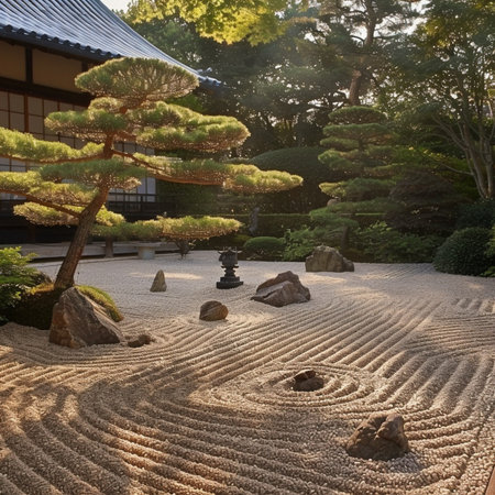Japanese garden with pines and stone floor in the morning light.の素材