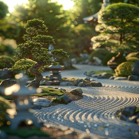 Bonsai tree in Japanese garden at sunset time.の素材