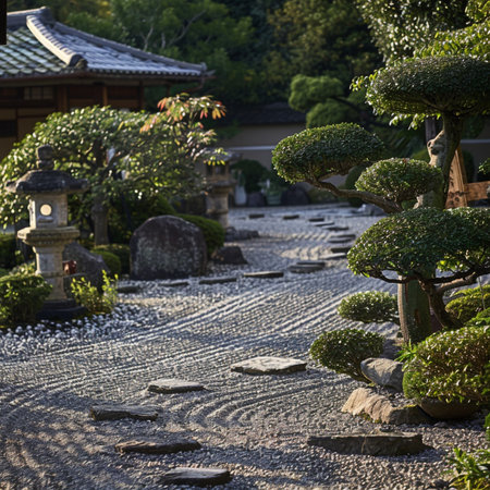 Japanese garden with a stone path and a small bonsai treeの素材
