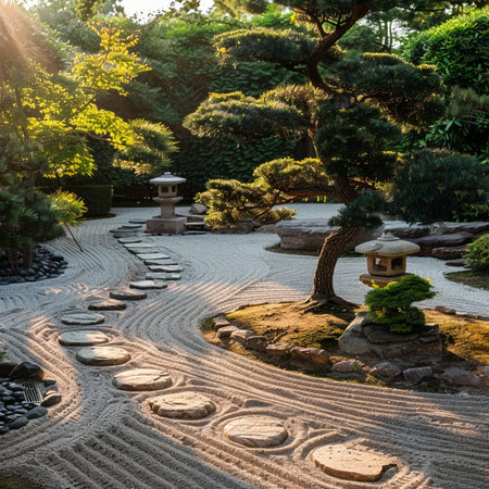 Japanese garden with stone path and green trees in the morning light.の素材