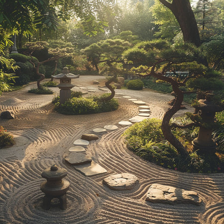 Japanese garden with a stone path and Japanese lanterns.の素材