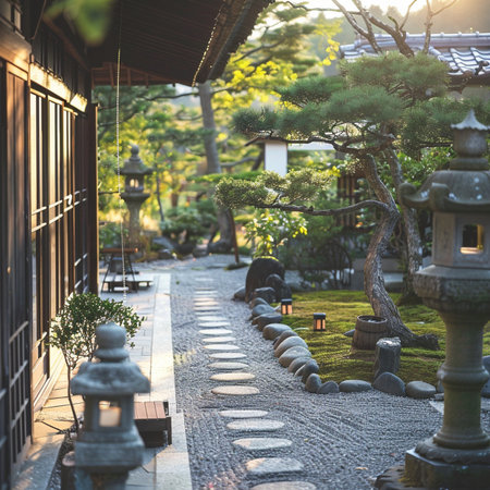 Japanese garden with lanterns in Kyoto, Japan. Selective focus.の素材