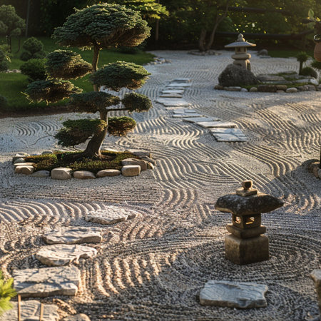 Japanese garden with Japanese bonsai and stone path.の素材