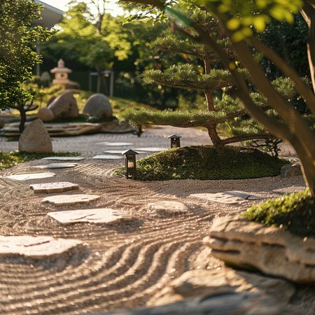 Japanese garden with small bonsai trees and stone path in the morningの素材