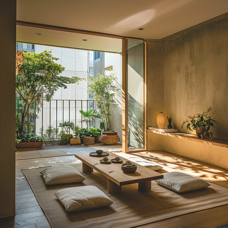 Interior of modern living room with wooden furniture and plants. Nobody insideの素材
