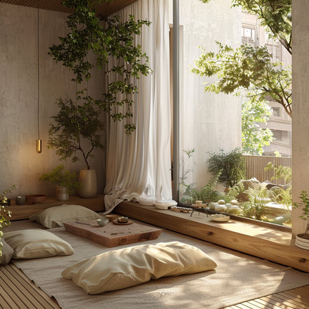 Interior of modern hotel bedroom with wooden walls, panoramic window, green plants and wooden bedの素材