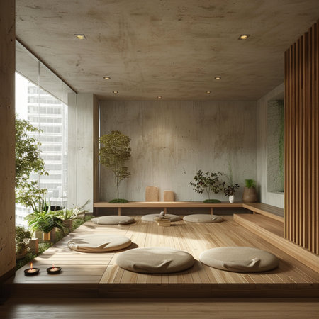 Interior of modern spa with wooden walls, concrete floor, round wooden tables with chairs and green plants. 3d renderingの素材