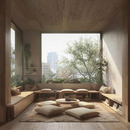 Interior of modern living room with wooden walls, wooden floor, brown sofa and coffee table with cushions. 3d renderingの素材