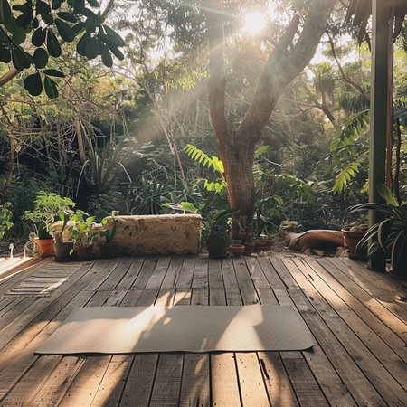 Yoga Practice Exercise Class Relaxation Concept in the Garden with sunlightの素材