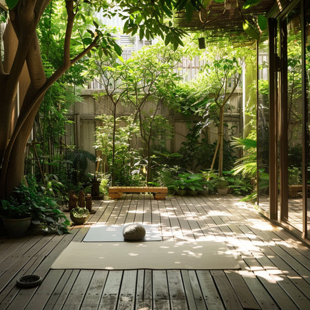 Wooden terrace in the garden with plants and bamboo on the floorの素材