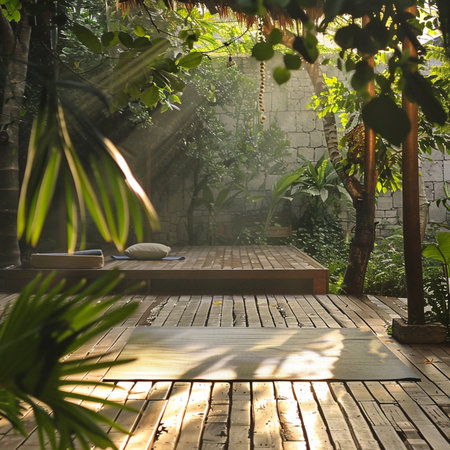 Wooden terrace in the garden with sun rays shining through the leavesの素材