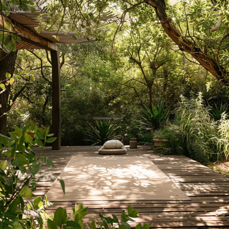 Relaxing in the shade of trees on a wooden walkwayの素材