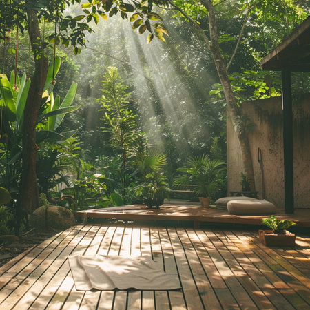 Beautiful tropical garden with sun rays shining through the leaves and plantsの素材