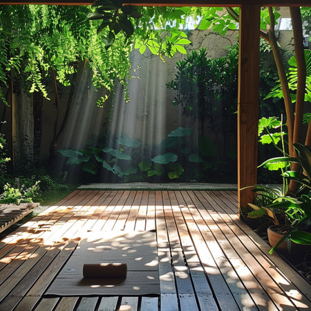Garden with wooden floor and sunlight shining through the green leaves.の素材