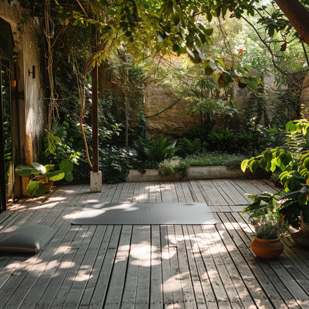 Relaxing area in the garden with wooden floor and green plantsの素材