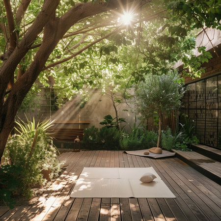 Relaxing in the garden on a wooden terrace with a lotus flower.の素材
