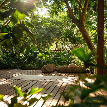 Wooden terrace in tropical garden with palm trees and plants.の素材