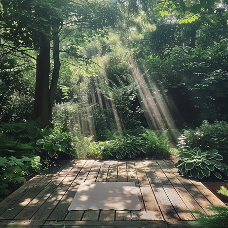 Wooden walkway in the garden with sunbeams and leavesの素材