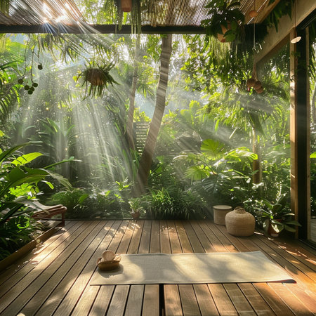Relaxing in a tropical garden with sun rays coming through the windowの素材