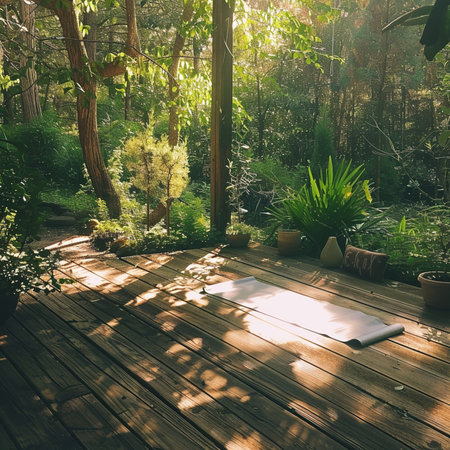 Garden with wooden floor and green plants in sunny day. Sunlight effect.の素材