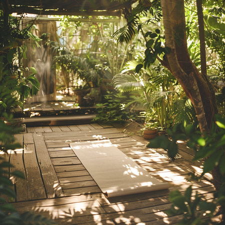 Tropical garden with wooden floor and plants in the sunlight.の素材