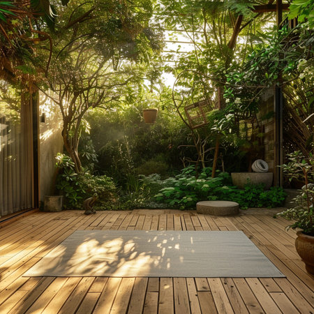 Wooden deck in the garden with sunlight. 3D rendering.の素材