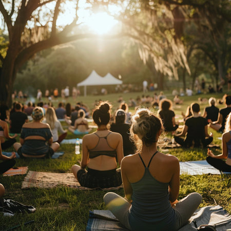 Group of people sitting in lotus position during yoga class in the parkの素材