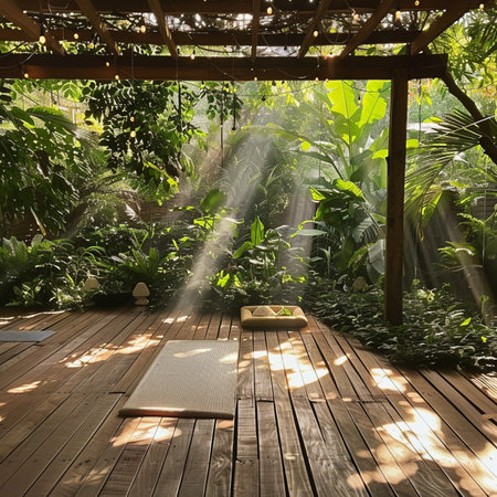 A book on a wooden floor in a tropical garden with sunbeamsの素材