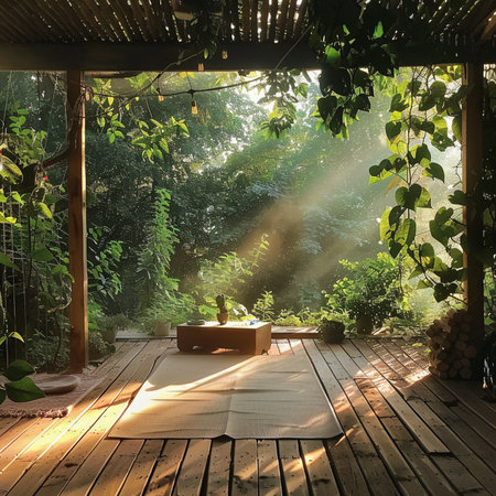 Beautiful bamboo terrace in the garden with sunbeams.の素材