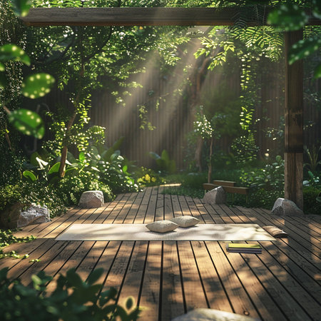 3d render of wooden terrace in the garden with sunbeamの素材
