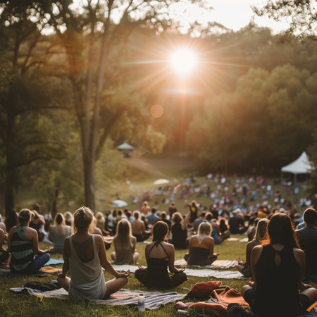 Group of people attending a yoga class in a park at sunset.の素材