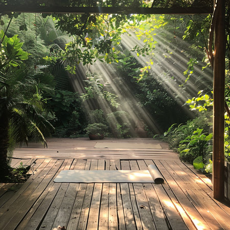 Wooden floor in the tropical garden with sunbeams and lens flareの素材