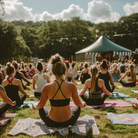 Group of young people doing yoga at a music festival. Outdoor.の素材