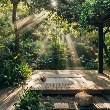 Wooden deck in a tropical garden with sunbeams shining through the leavesの素材