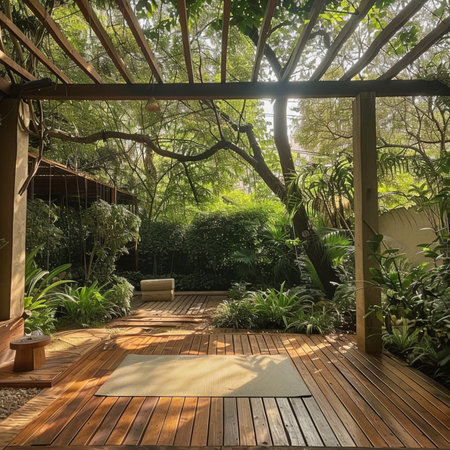 Wooden deck in a tropical garden with a view of the sunの素材