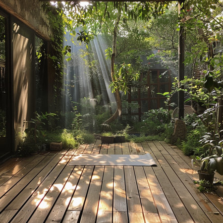 Wooden terrace in a garden with sun rays coming through the windowの素材
