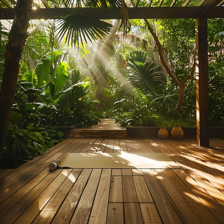 Sun rays shining through the palm trees in a tropical garden with wooden floorの素材