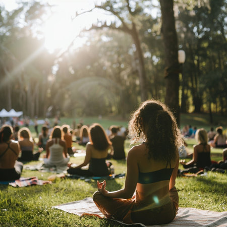Young woman meditating in lotus position in the park during yoga classの素材